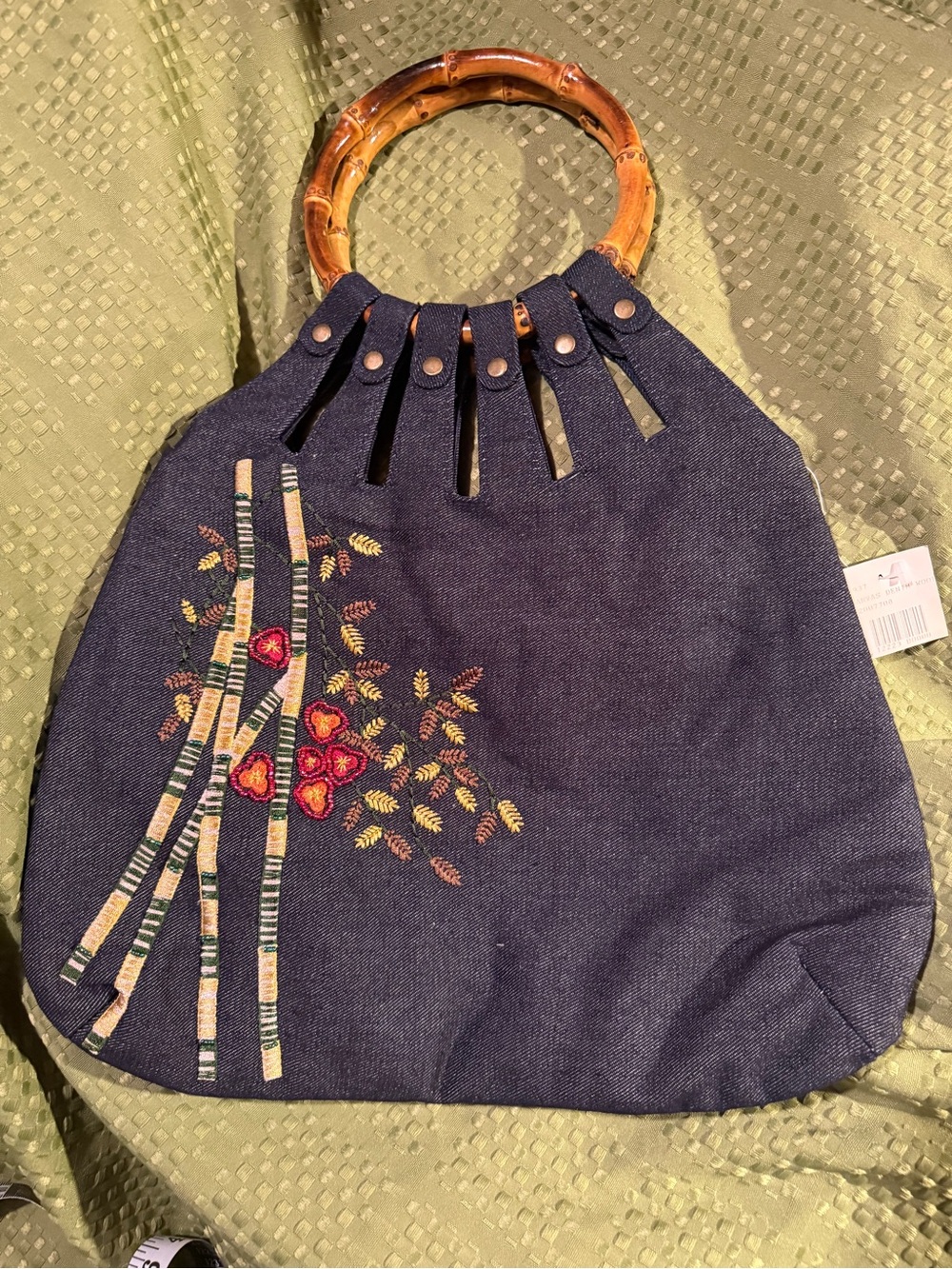 Handheld Bamboo-Handle Embroidered Navy Tote
